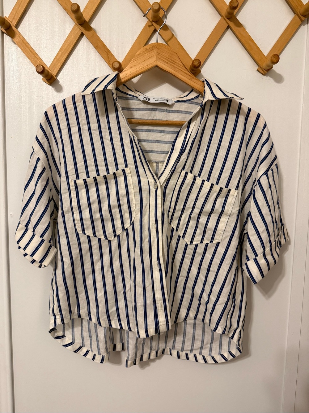 Zara Cream Women’s Oversized Button Down Shirt with Navy Vertical Stripes